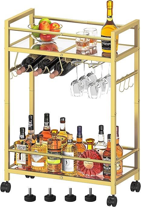 Bar Cart, Serving Cart for Home, Microwave Cart, Drink Cart, Wine Cart with 2 Mirrored Shelves, Wine Holders, Glass Holders, for Kitchen, Dining Room(Gold)
