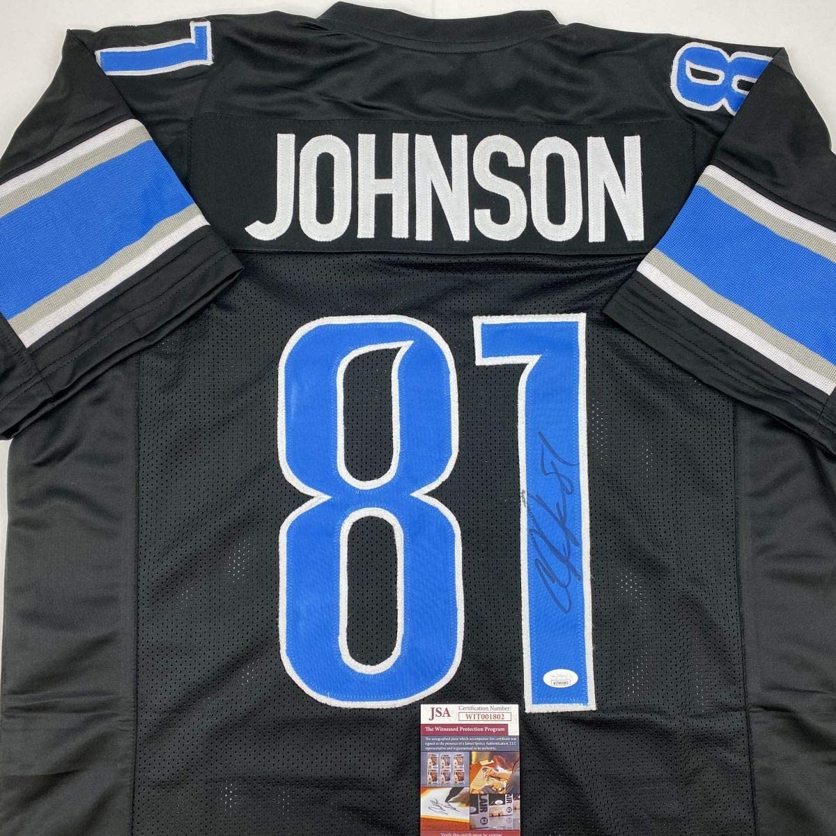 Autographed/Signed Calvin Johnson Detroit Black Football Jersey JSA COA