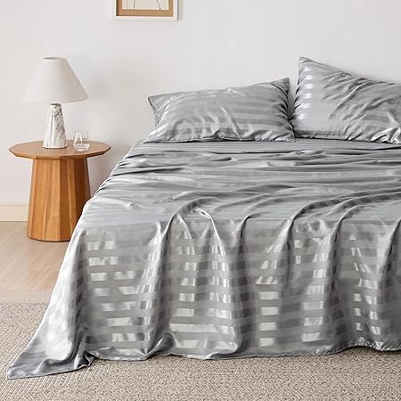 Bedsure Satin Sheets - Soft Satin Bed Sheets Queen Set, 4 Pcs Luxury Silky Sheets, Similar to Silk Sheets, Grey Satin Sheets Queen Size for Hair and Skin, Gifts for Women(Grey Striped, Queen)