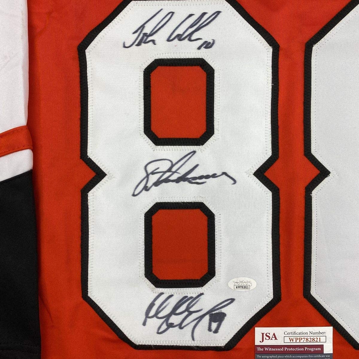 Autographed/Signed Legion of Doom Eric Lindros, John LeClair & Mikail Renberg Philadelphia Orange Hockey Jersey JSA COA