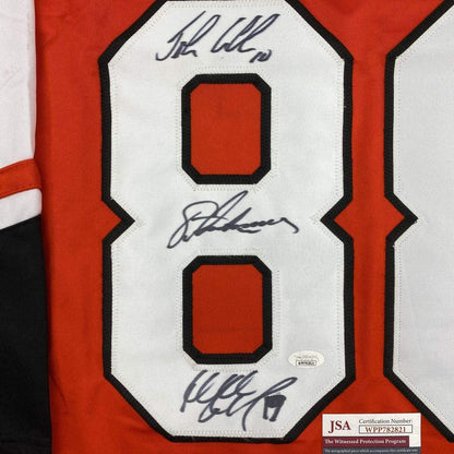 Autographed/Signed Legion of Doom Eric Lindros, John LeClair & Mikail Renberg Philadelphia Orange Hockey Jersey JSA COA