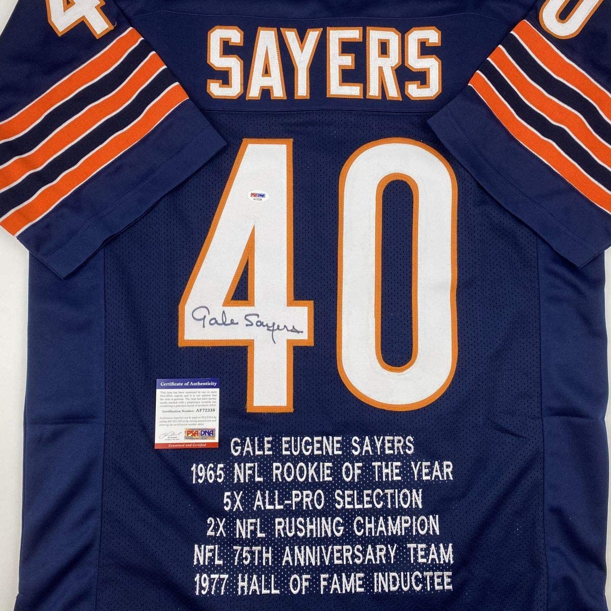 Autographed/Signed Gale Sayers Chicago Blue Stat Football Jersey PSA/DNA COA