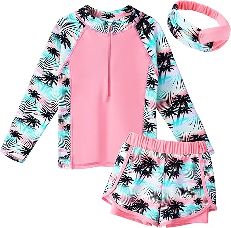 BAOHULU Girls Rash Guard 3 Pieces Swimsuit Long Sleeve Bathing Suit UPF 50+ Beach Swimwear 5-12 Years with Matching Headband