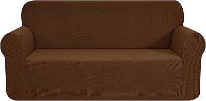 CHUN YI Stretch Loveseat Sofa Slipcover 1 Piece Couch Cover, 2 Seater Settee Coat Soft with Elastic Bottom, Checks Spandex Jacquard Fabric, Medium, Coffee