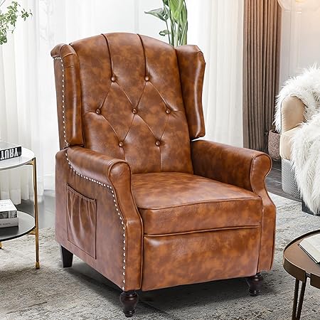 Wingback Recliner Chair with Heat and Massage, PU Leather Push Back Recliner Chair for Living Room, Vintage Wingback Recliner with Remote Control, Padded Cushion, Backrest, Wooden Legs