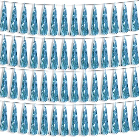 4P Light Blue Foil Fringe Metallic Streamers Banner Tassel Garland for Parade Floats, Bachelorette, Wedding, Birthday, Halloween, Christmas, Bridal/Baby Shower Party Decorations