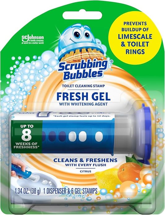 Scrubbing Bubbles Fresh Gel Toilet Bowl Cleaning Stamps, Helps Keep Toilet Clean and Helps Prevent Limescale & Rings, Citrus Scent, 1 Dispenser with 6 Fresh Gel Stamps