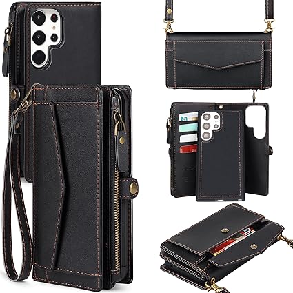 for Samsung Galaxy S24 Ultra Wallet Case for Women, [Wireless Charging] [RFID Blocking] [12 Card Holder], Leather Detachable Magnetic Strap Phone Case for Galaxy S24 Ultra 6.8", Black