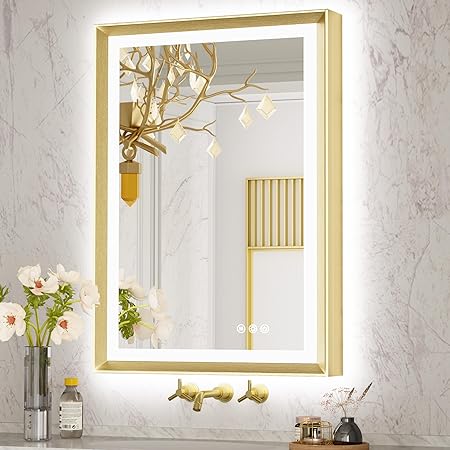 TokeShimi 24x36 Inch LED Bathroom Vanity Mirror Gold Frame Backlit and Front Lighted Aluminum Alloy Rectangle Beveled Edge Tricolors Stepless Dimmable Anti-Fog Memory Function for Wall Decor
