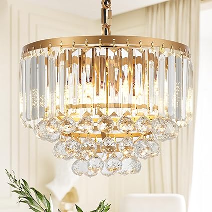 4-Light 12.6'' Gold Modern Crystal Chandelier Contemporary Round Pendant Chandeliers Crystal Luxury Ceiling Hanging Lighting for Dining Room Kitchen Island Entryway Laundry Hall Foyer, E12