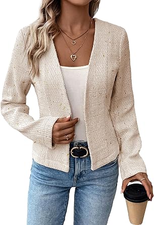 2025 Women's Winter Tweed Blazer Fully-Lined Warm Collarless Elegant Petite Cute Fashion Casual Work Jacket Suit