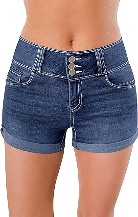 roswear Women's High Waisted Stretchy Denim Shorts Cuffed Jean Shorts