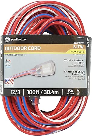 Southwire Heavy Duty Extension Cord, 100Ft, 12 Gauge, 3 Conductor, Water Resistant Flexible Jacket, SJTW, Red/White/Blue, 2549SWUSA1
