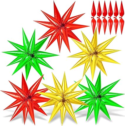 72 PCS Gold, Red, Green Star Balloons - 26 Inch Explosion Christmas Star Cone Balloons for Birthday, Wedding, Party Supplies