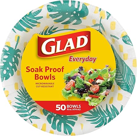 Glad Disposable Heavy Duty Cut Resistant Microwave Safe Paper Bowls with Palm Leaves Design for Hot Soup and Ice Cream for Everyday Use, 16 Oz, 50 Count