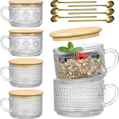 6 Pack 14oz Vintage Glass Coffee Mugs with Bamboo Lids and Spoons, Green Embossed Drinking Glasses for Iced Coffee, Tea, Latte - Cute Coffee Bar Accessories