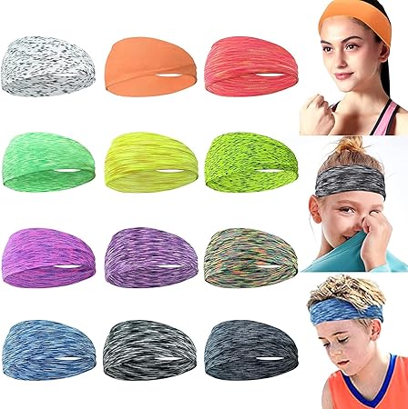 12 Colors Sweat Headbands Breathable Athletic Sweatbands Yoga Sports Headbands for Girls and Boys Soft Moisture Wicking Elastic Hairband for Girls and Teenagers Adults
