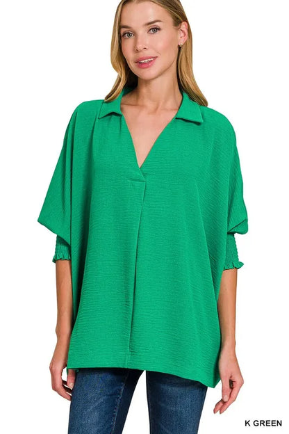 Zenana Airflow Collar Tee with Smocked Sleeve Band Top
