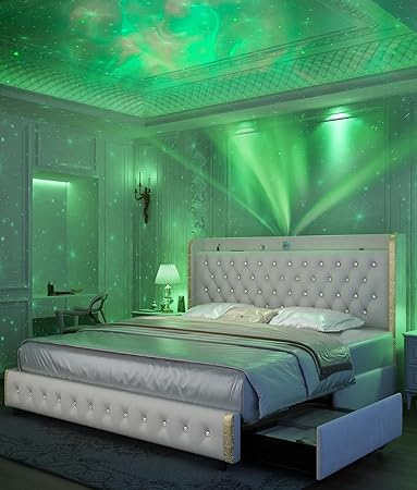 Queen Wingback Modern Platform Bed with Galaxy Projector, 4 Dust-Proof Storage Drawers, LED Bed Frame, USB Ports, No Box Spring Needed & Noise-Free Sturdy Wood Slats, Velvet Cream
