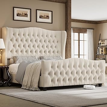 Keyluv Queen Size 54.3‰۝ Tall Platform Bed Frame with Deep Button Tufted Wingback Headboard and Footboard, Velvet Upholstered Bed Frame with Handmade Pleats, No Box Spring Needed, Beige/Cream