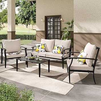 4 Pieces Patio Furniture Set w/loveseat, Coffe Table, Outdoor Conversation Metal Sofa with High Back and Thick Cushion, for Backyard, Garden, Beige