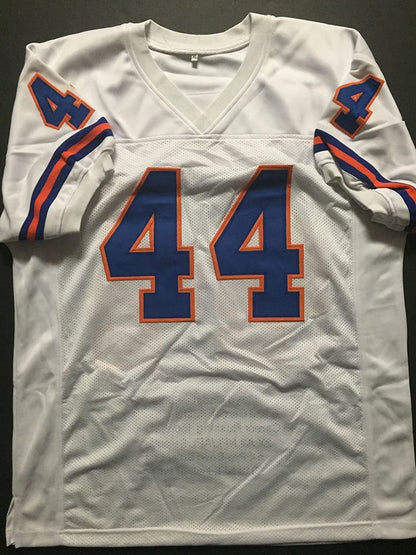 Autographed/Signed Floyd Little HOF 10  Denver Broncos White Stat Football Jersey JSA COA