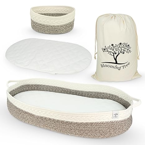 Baby Changing Basket Š—– Boho Baby Basket for Dresser Š—– Woven Diaper Changing Basket Š—– 2 Water Resistant Pad Covers - Boho Nursery Decor - 100% Cotton Rope - Moses Basket - Portable Changing Station.