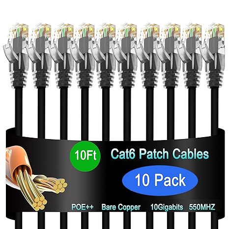 Cat6 Ethernet Patch Cable 10 ft (10 Pack), Cat6 Patch Cable for Data Centers, Cat 6 Patch Cable 10G, Network Patch Cables for Home and Enterprise Network -Black