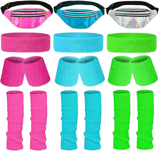 3 Sets 80s Women Neon Leg Warmers 80s Neon Headband Wristbands Holographic Fanny Pack Neon Women Sport Accessories Set for Party Yoga Running