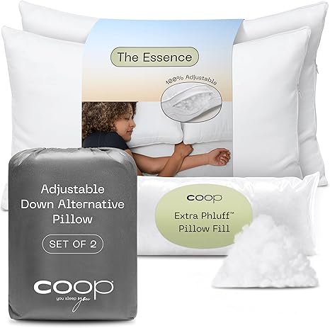 Coop Home Goods Essence Down Alternative Pillow Queen Size Set of 2, Best Pillows for Sleeping, Adjustable Alternative to Down Pillows, Luxury Hotel Pillows for Back, Stomach or Side Sleepers