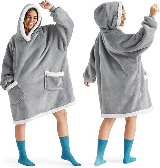Bedsure Wearable Blanket Hoodie for Adult & Kids - Sherpa Blanket Hoodie as Gifts for Mom Women, Cozy Sweatshirt Blanket, Grey, Standard