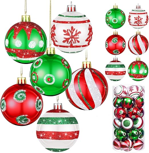 30 Pcs 2.36 Inch Christmas Tree Ball Ornaments Set Red Green Glittering Hanging Christmas Ball Ornaments Home Decorations
