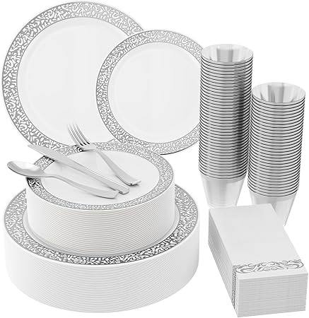 210 Count Silver Plastic Dinnerware, Silver Disposable Plates, Includes 30 Dinner Plates 30 Dessert Plates & 30 Cups & 30 Silver Paper Napkins & 30 Plastic Silverware Set