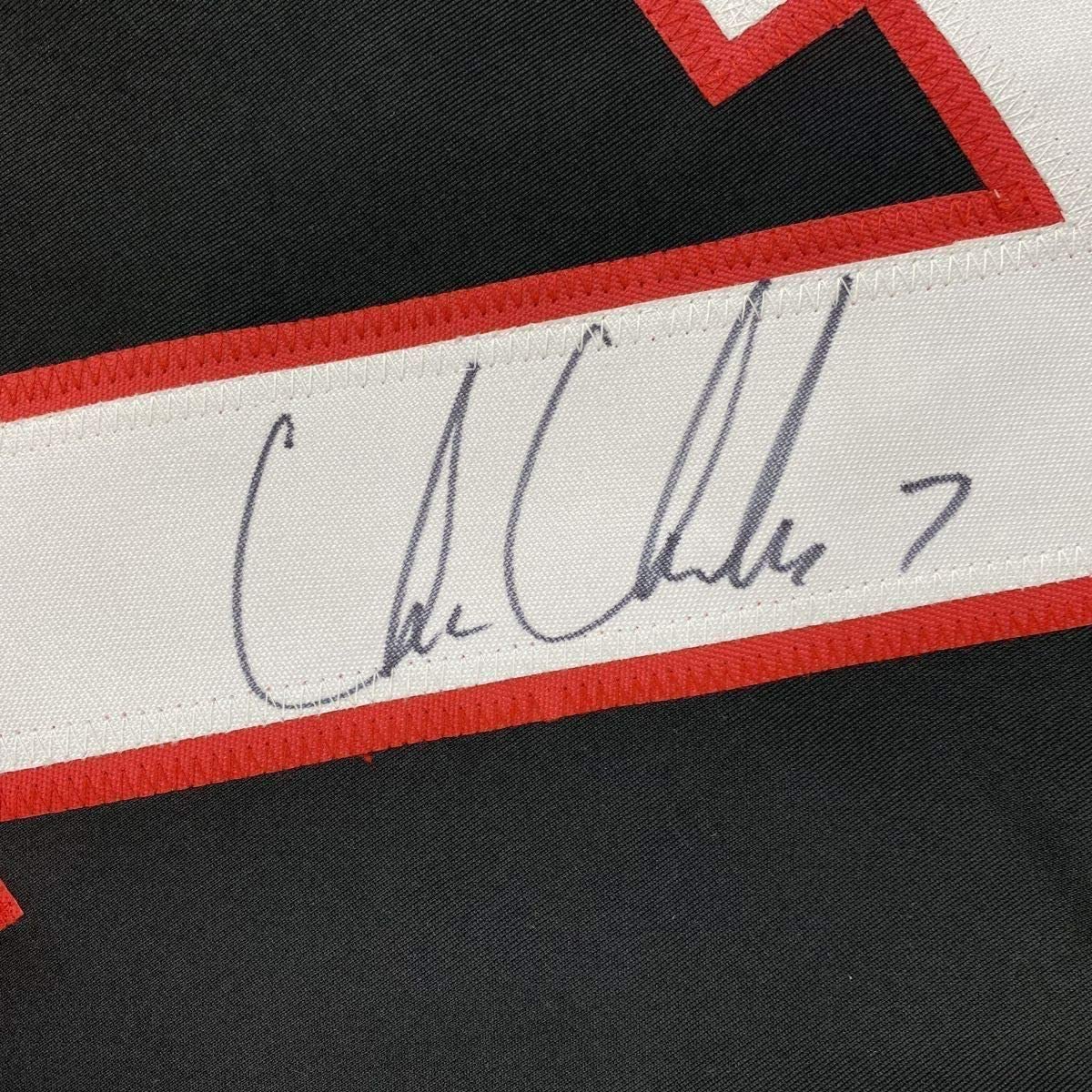 Framed Autographed/Signed Chris Chelios 35x39 Chicago Black Hockey Jersey JSA COA