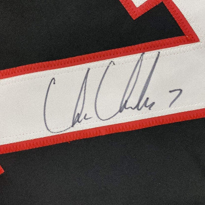 Framed Autographed/Signed Chris Chelios 35x39 Chicago Black Hockey Jersey JSA COA