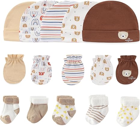 Baby Caps Mittens and Thick Warm Socks Cotton Newborn Essentials Accessories (Hats+Gloves+Terry Socks), 0-6 Months