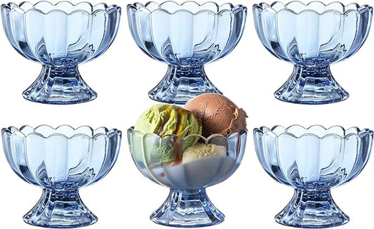 KMwares 6PCs Set 5oz Small Cute Footed Tulip Glass Dessert Bowls/Cups - Perfect for Dessert, Sundae, Ice Cream, Fruit, Salad, Snack, Cocktail, Condiment, Trifle and Christmas Holiday Party (Blue)
