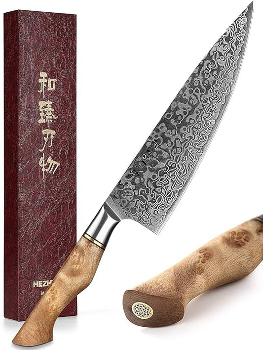 HEZHEN Chef's Knife-Professional-8.3 inch Damascus Steel, Kitchen Knife VG10 Gyuto Knife-Master Series Chef Cooking Tool at Home, Restaurant-Figured Sycamore Wood Handle