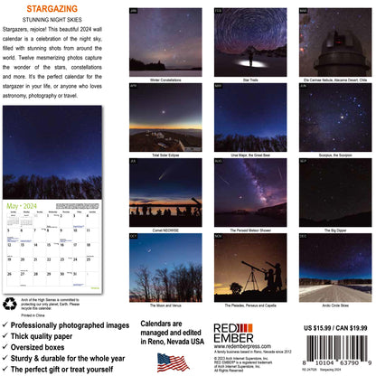 RED EMBER Stargazing Tips Night Sky 2024 Monthly Wall Calendar | 12" x 24"