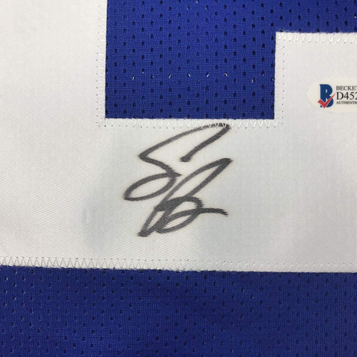 Autographed/Signed Saquon Barkley New York Blue Football Jersey Beckett BAS COA