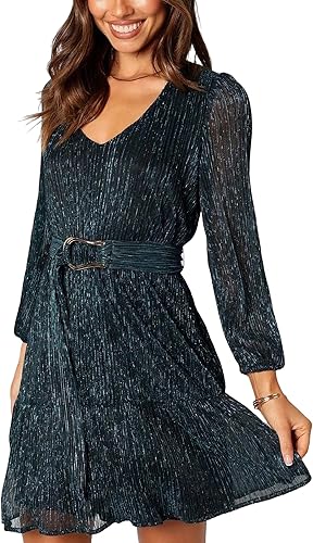 Woman Shiny Threads Dress Long Sleeve Lined with Belt V Neck Mini Pleated Dress
