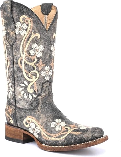 Corral Boots Womens Distressed Floral Tooled-Inlay Snip Toe Casual Boots Mid Calf Low Heel 1-2" - Black