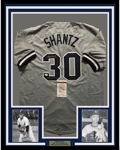 Framed Autographed/Signed Bobby Shantz 35x39 New York Grey Baseball Jersey JSA COA