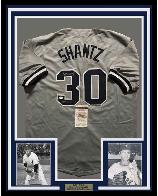 Framed Autographed/Signed Bobby Shantz 35x39 New York Grey Baseball Jersey JSA COA