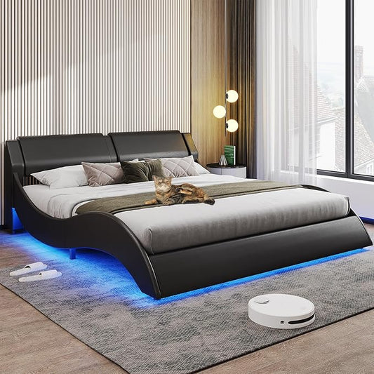 DICTAC Queen Led Bed Frame Modern Faux Leather Upholstered Platform Bed Frame with RGB LED Lights and Headboard Wave Like Curve Low Profile Bed Frame, Wood Slats Support, Easy Assembly, Black