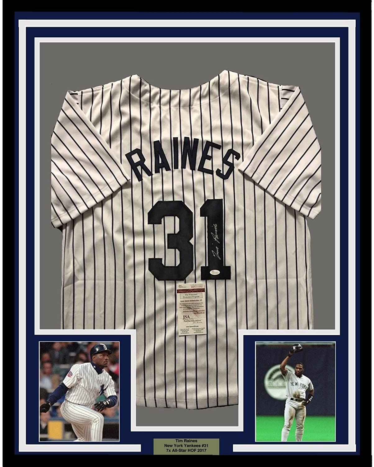 Framed Autographed/Signed Tim Raines 35x39 New York Pinstripe Baseball Jersey JSA COA