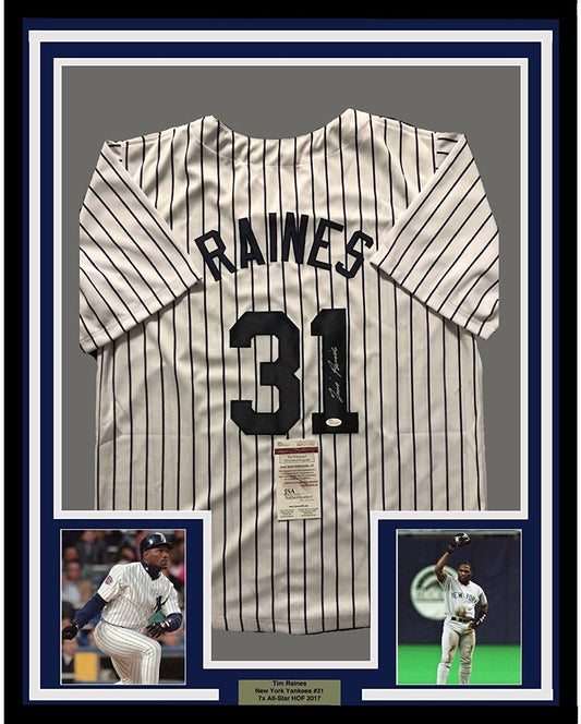 Framed Autographed/Signed Tim Raines 35x39 New York Pinstripe Baseball Jersey JSA COA