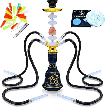 22'' 4 Hose Hookah Set with Everything Glass Shisha Vase - Include 100 Disposable Tips, 50 Pre-Punched Aluminum Foil (Gold 4)