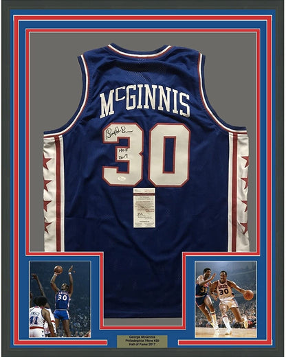 Framed Autographed/Signed George McGinnis HOF 2017  35x39 Philadelphia Blue Basketball Jersey JSA COA