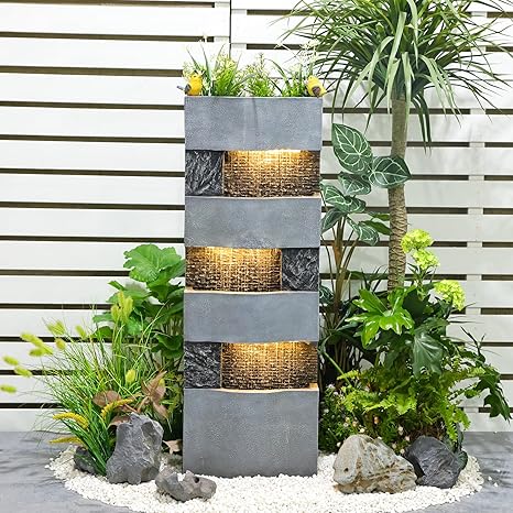 40" Tall Large Fountain Outdoor Rainfall 4 Tiers Fountain with Led Light Modern Water Fountain Plant Holder Design Patios, Decks, Gardens Outdoor Spaces Homes, Offices